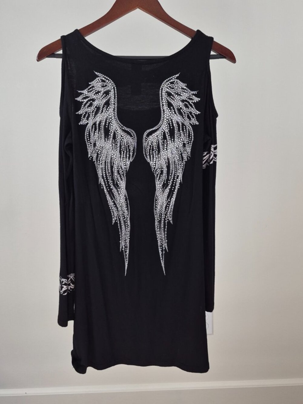 S-Twelve Tunic Top Womens Cold Shoulder Rhinestone Angel Wings Y2K Goth Bling